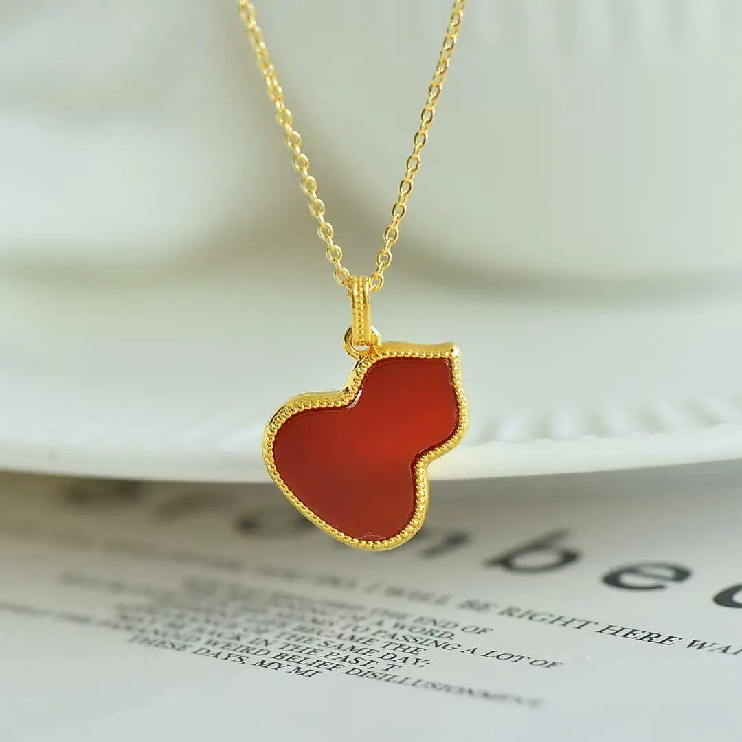 SMILE Real 18K Gold Agate Gourd Pendant Au750 Great Fortune Pendant Necklace Women's Fine Jewelry Gift for Mom and Girlfriend