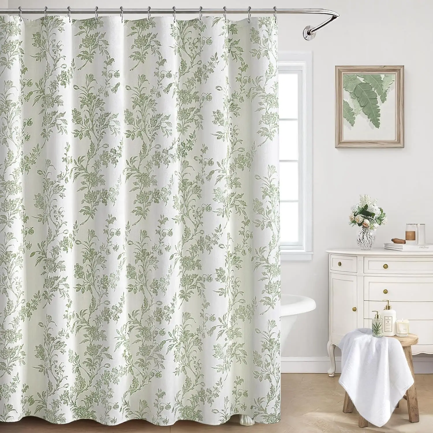 

Sage Green Floral Shower Curtain,Vintage Cotton Cottagecore Shower Curtains for Bathroom, 72' W x 72' L