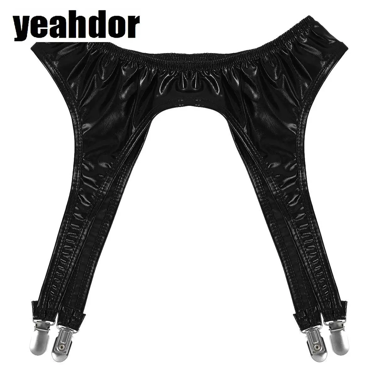 

Women Shiny Metallic Garter Belt with Four Metal Clips Suspender Ladies Wet Look Latex Skirts for Thigh High Stockings Costume