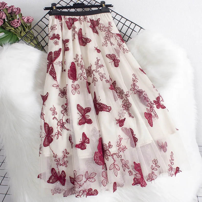 

Elegant Embroidered Long Skirt Women Fashion Mesh A-line Y2k Maxi Skirts Vintage Party Wear Woman Clothes Summer Streetwear