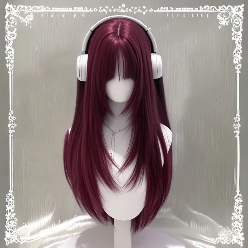 Anime-Cosplay-Perücke – weinrot, lang, gerade, im Lolita-Stil, hyperrealistische Vollkappe, JK passendes Kunsthaar für Cosplay