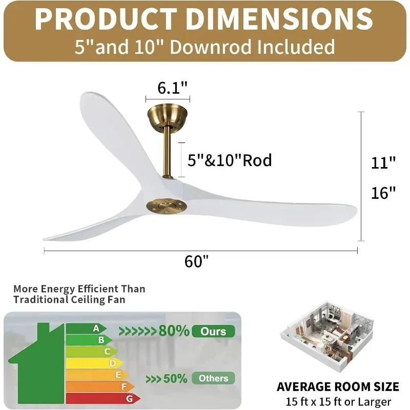 Ventilador de techo silencioso con aspas de madera, ventilador de techo moderno, electrodomésticos de refrigeración