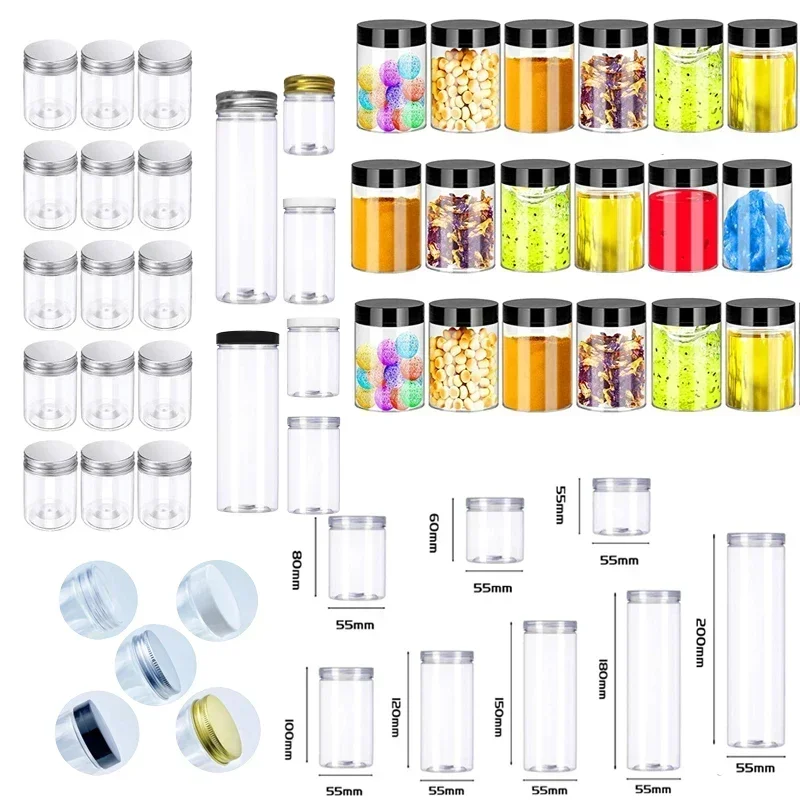 

20Pcs Refillable 100ml-250ml Clear Plastic Jars Straight Cylinders Jar Containers W/ Aluminum Lids for Dry cargo Nuts Candy Jams