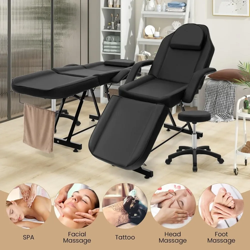 

73" Facial Chair with Hydraulic Stool | Tattoo Chair w/ Adjustable Backrest, Legrest & Removable Headrest