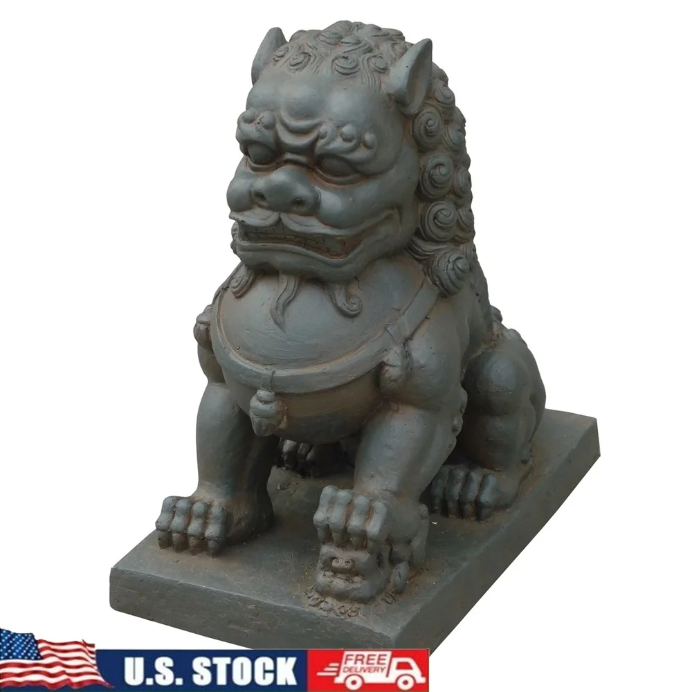

Foo Dog Right Paw on Cub Statue Clay Fiber Guardian Lion Feng Shui Home Decor Durable Protection Abundance Symbol