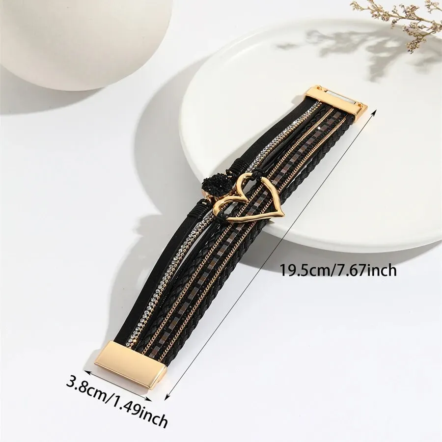 New Metal Love Heart Charm Leather Bracelets for Women Fashion Bohemian Rhinestone Resin Wrap Bracelet Bangle Couple Jewelry image 6