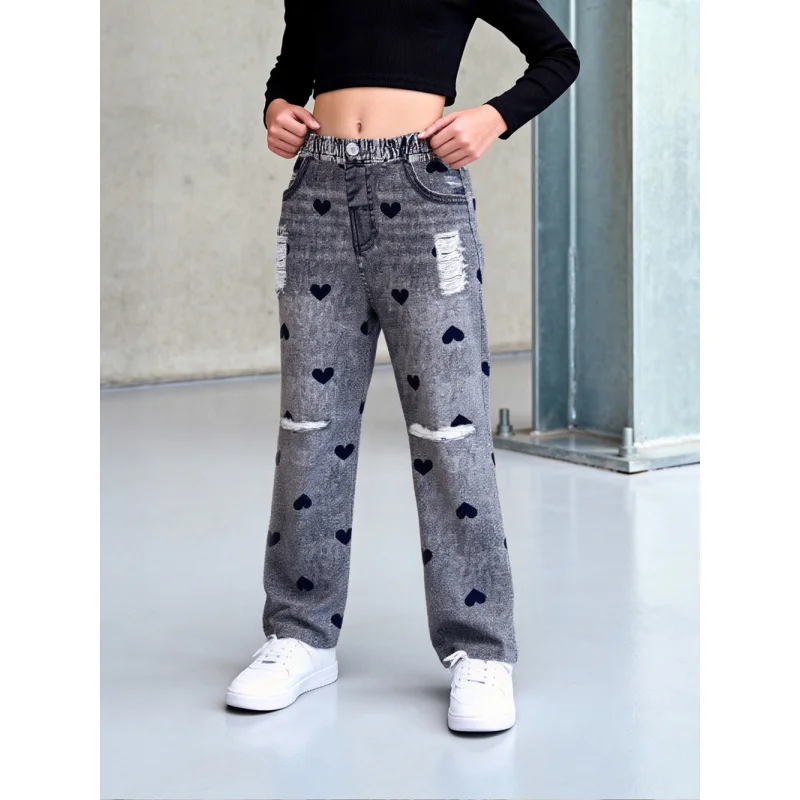 2025Girls' Heart-shaped Distressed Faux Jeans Vintage Gray Loose Straight Pants Trendy Imitation Jeans