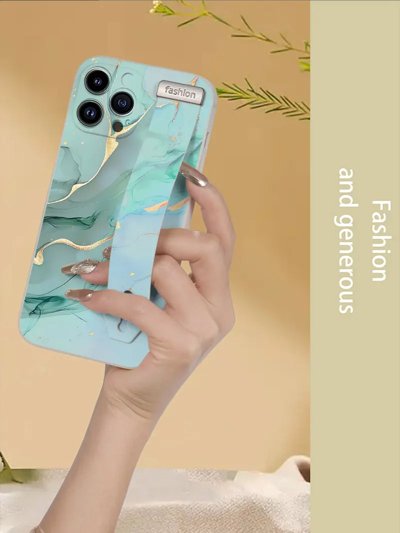Luxury Liquid Silicone Marble Pattern Wrist Strap Phone Case For Samsung Galaxy S25 S24 Ultra S23 FE S22 S21 S20 Plus Back Cover
