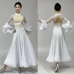 Ballroom Dance Clothes Women Flared Sleeves White Lace Dress Prom Competition Dress Waltz Dance Costume Practice Dress BL14738