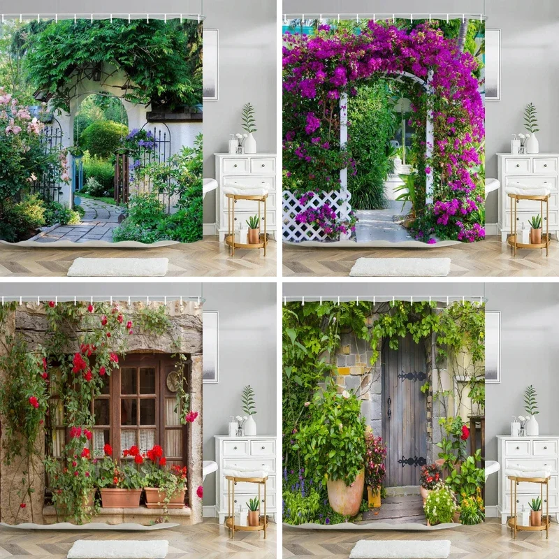 Outdoor Garden Scenery Shower Curtain Country Town Street Waterproof Polyester Home Bath Curtains With Hooks Bathroom Decoration