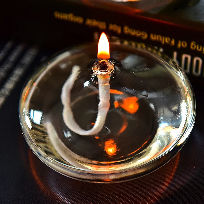 Hand Crafted Transparent Oil Lamp in a Glass Candle Holder; Ideal for a Rustic Christmas Dinner Decoration.