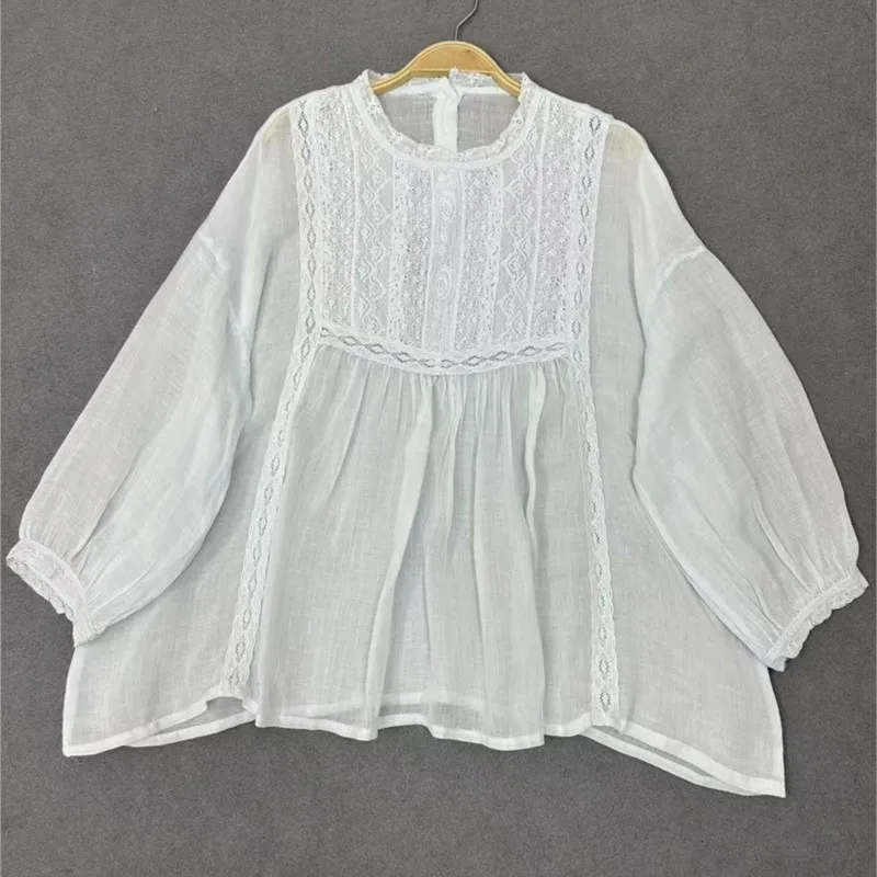 Johnature verão novo retro pulôver renda ramie solto camisa de manga de três quartos 2025 novo casual fino simples blusas femininas