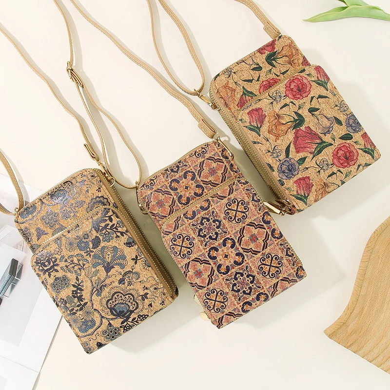 

6pcs Crossbody Bags Women Cork Leather Blue Flower Printing Protable Phone Bag Mix Color