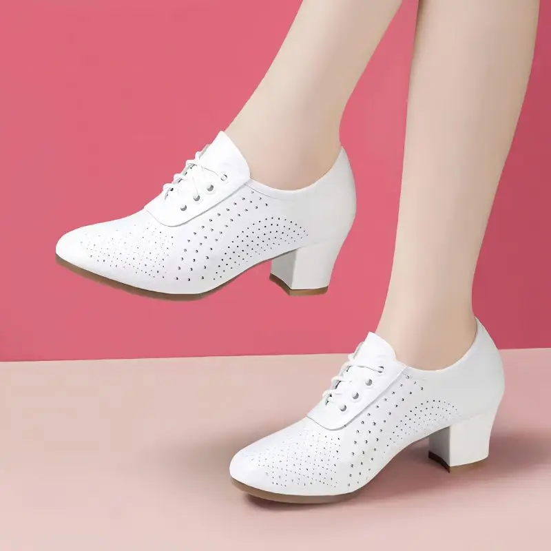 

2024 New Summer Mesh Leather Shoes for Women Block Heel Women Pumps Square Heel Lace Up Round Toe Casual Shoes Work Party Shoes