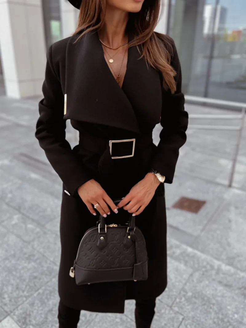 

2024 new autumn and winter simple long sleeved button V-neck tied woolen coat for women