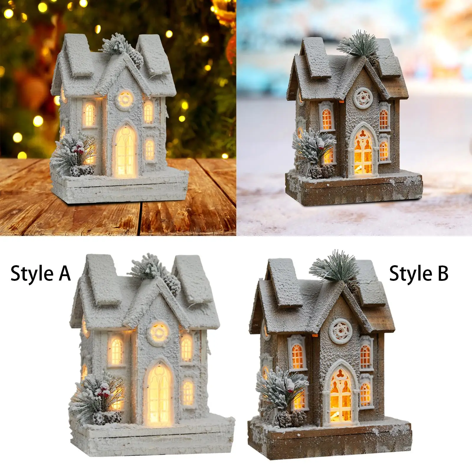 Wooden Christmas Snow House Model with Light 9.4x5x12.2inch for Shop Window