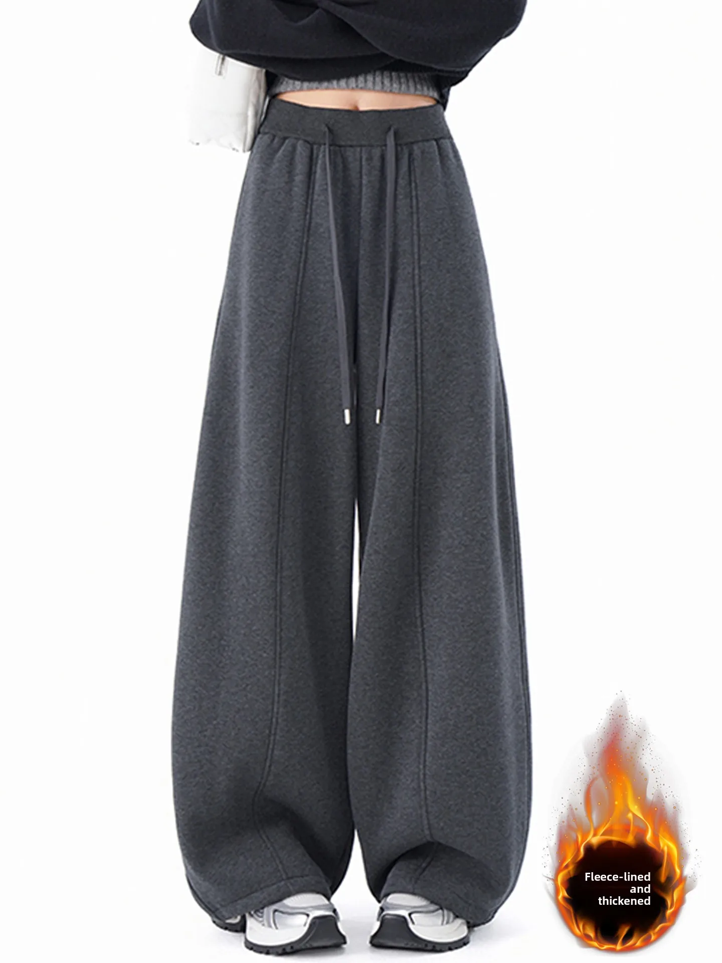 

American Style Fleece Lined Skinny Wide Leg Pants Women Winter Small Size Trousers High Waist Elastic Waist Straight Cut Pants