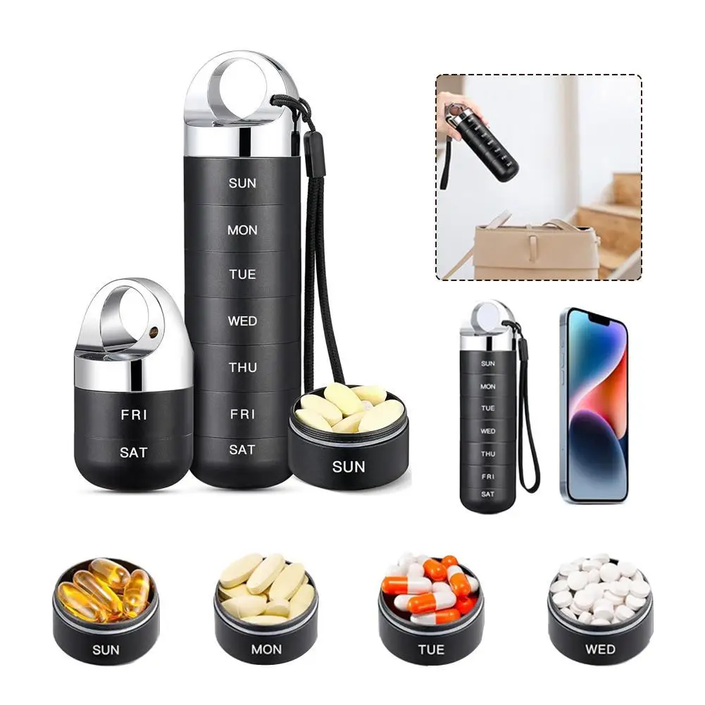 

Portable Metal Pill Organizer Waterproof Aluminum Alloy 7 Day Weekly Pill Box Travel Medicine Case Container For Vitamins 1PCS