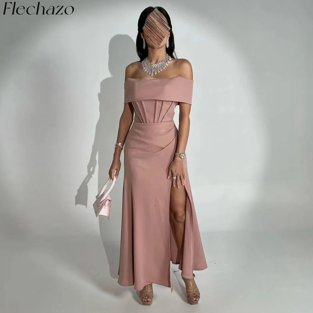 

Flechazo Pink Evening Dresses Off Shoulder A Line Simple Elegant Formal Party Occasion Dress For Women 2024 платье женское