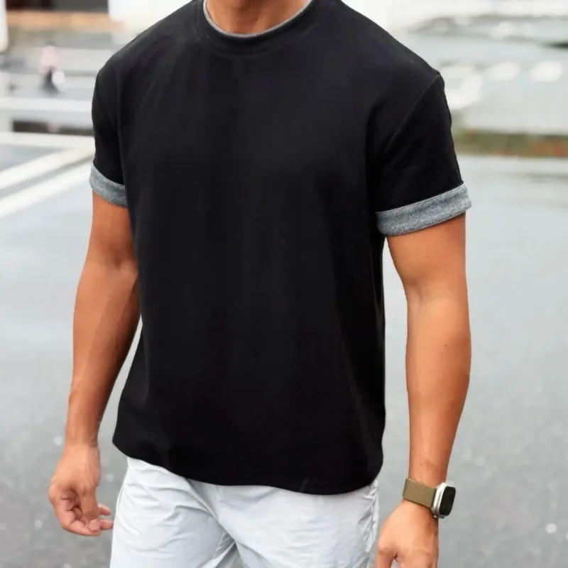 Unisex Summer Color Block Short Sleeve T Shirt Casual Cool Elastic Crew Neck Top