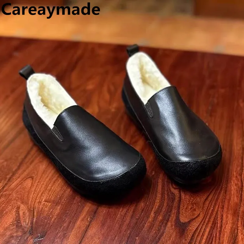 

Careaymade-Genuine leather wider toe Handmade Women's Shoes Rubbing Color Round Head Soft Bottom winter Wool Warm Cotton Shoes