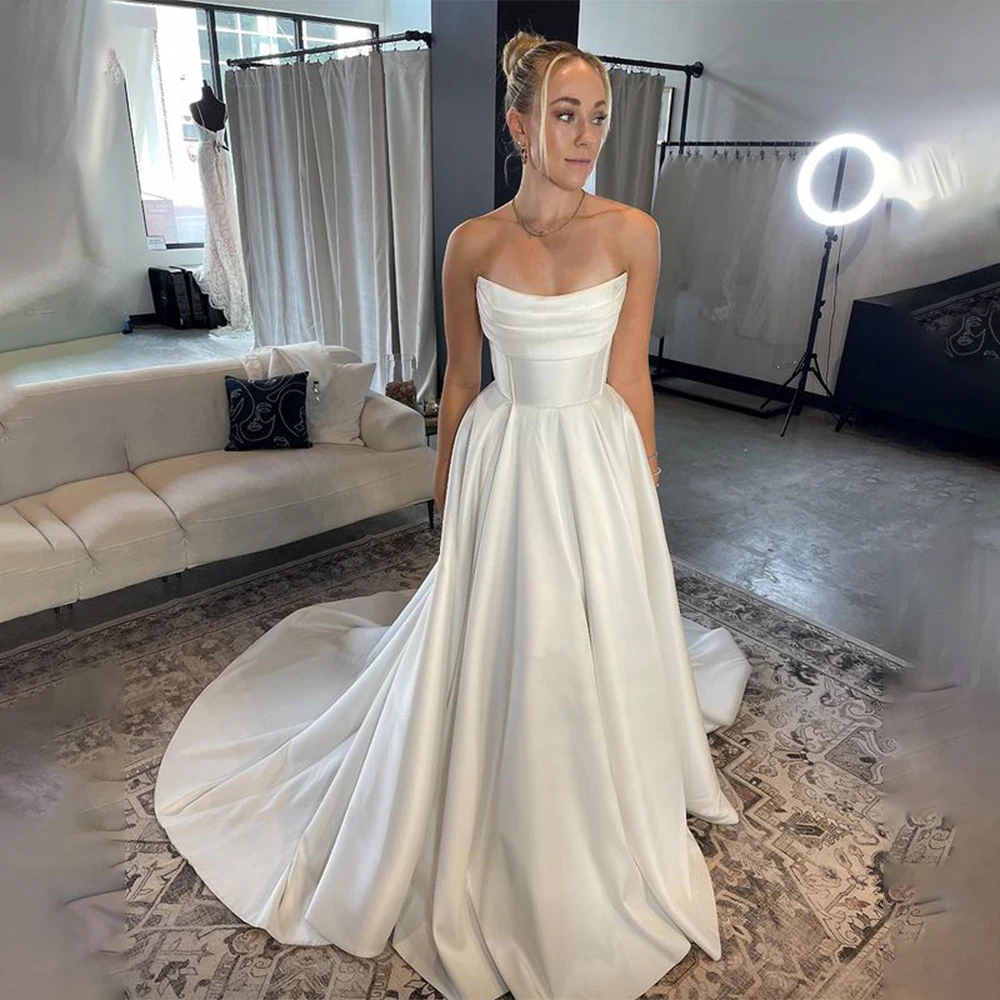 

Luxurious Thick Satin A Line Wedding Dresses Custom Made Bridal Grown Custom Made Vestido De Noival