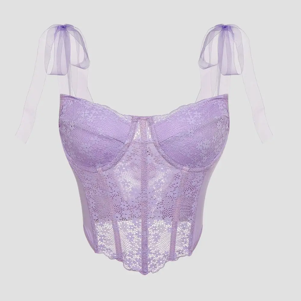 

Elegant Mesh Hollow Lace Flower Camisole Transparent Tank Lace Up Corset Sleeveless Sweet Suspender Vest Travel