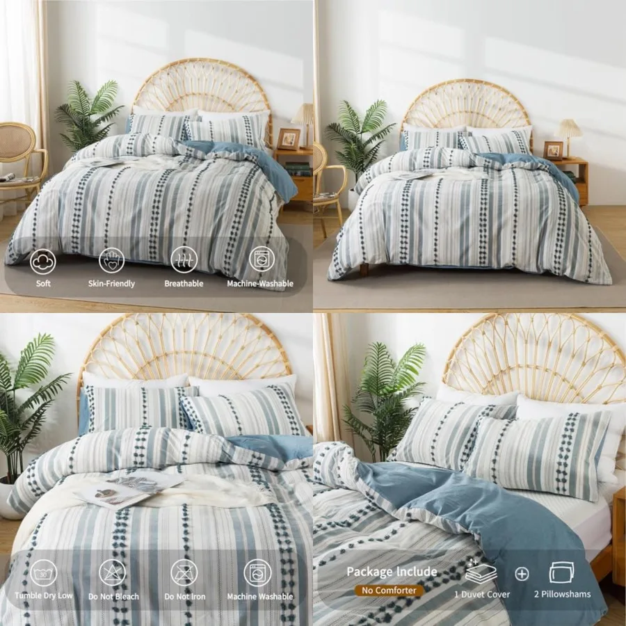 

Washed Cotton Size Duvet Cover Set - Tufted Dots Boho Chic Bedding for All Seasons, Striped Pom Pom Bedding Linen Like Textured