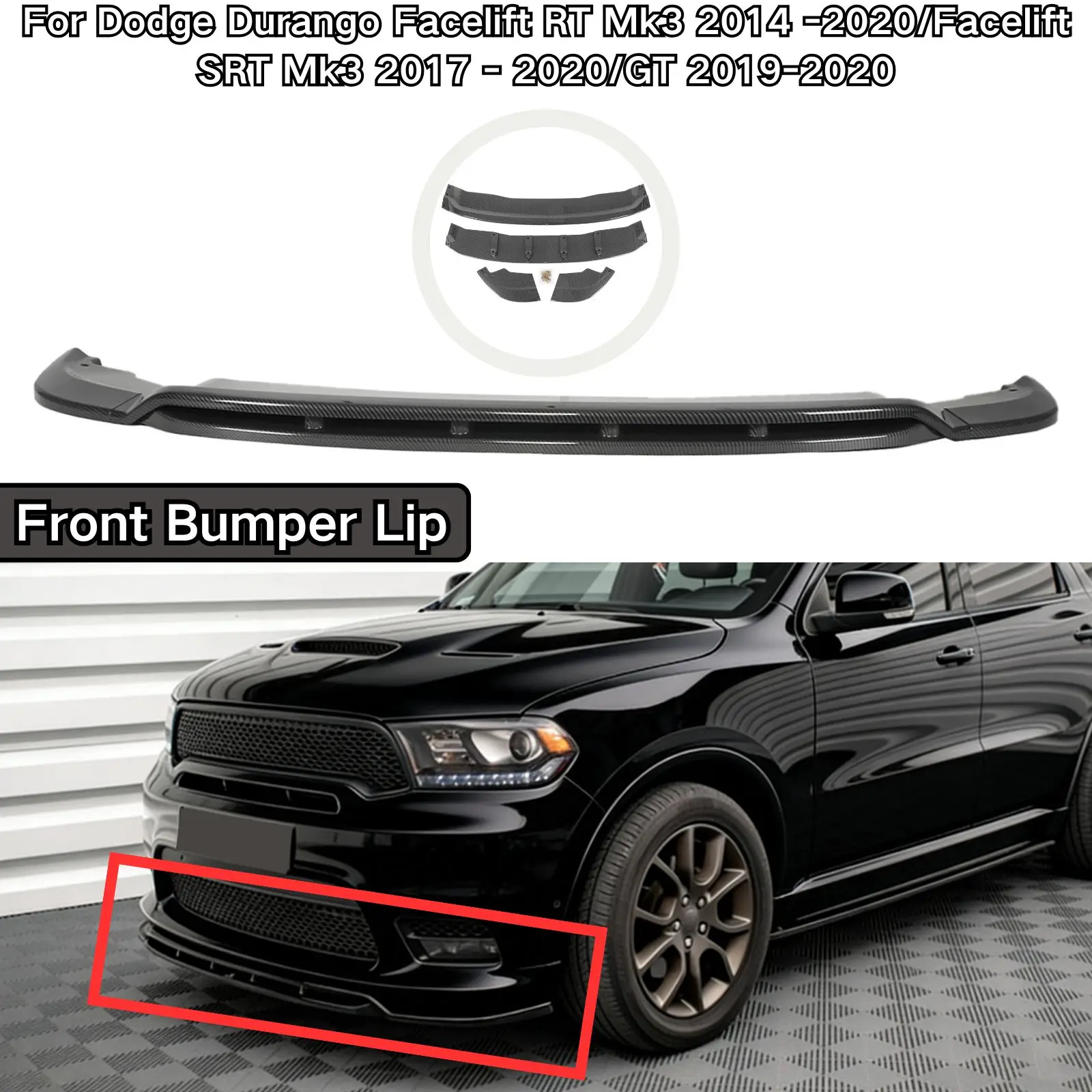 For Dodge Durango Facelift RT Mk3 2014 - 2020/Facelift SRT Mk3  2017 - 2020/GT 2019-2020 Front Bumper Lip Glossy Black Plastic