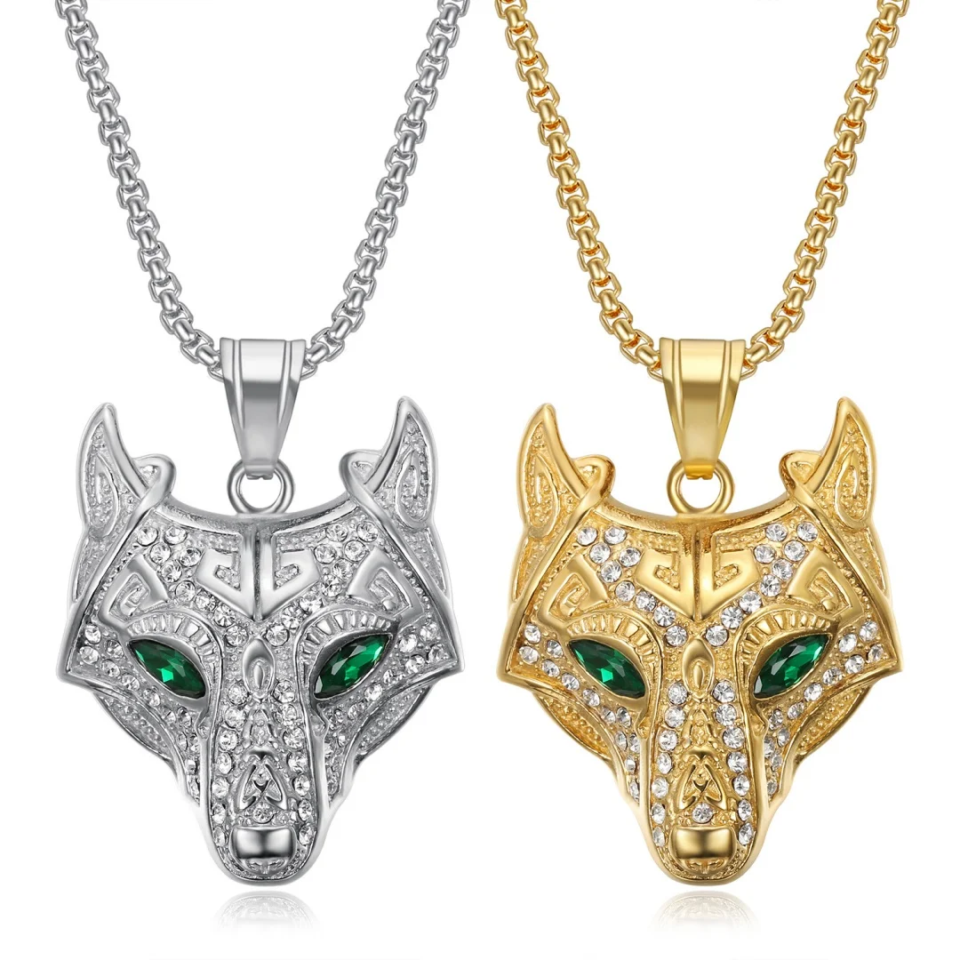 Punk Iced Out Bling CZ Wolf Head Pendant Stainless Steel Cubic Zirconia Animal Necklace for Women Men Cool Fashion Jewelry Gift