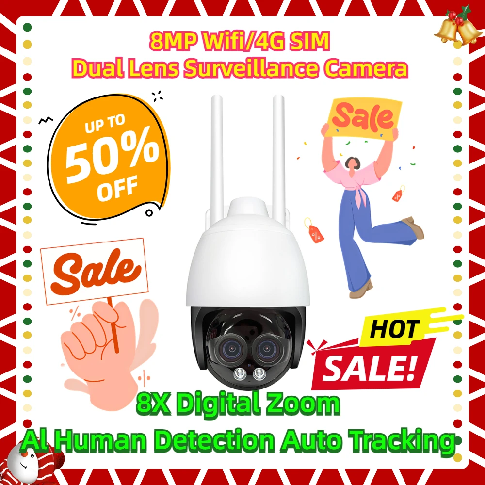 8X Digital Zoom Al Human Detection Auto Tracking 2.8mm 8mm Outdoor Camera HD 8MP Wifi/4G SIM Dual Lens Surveillance Camera