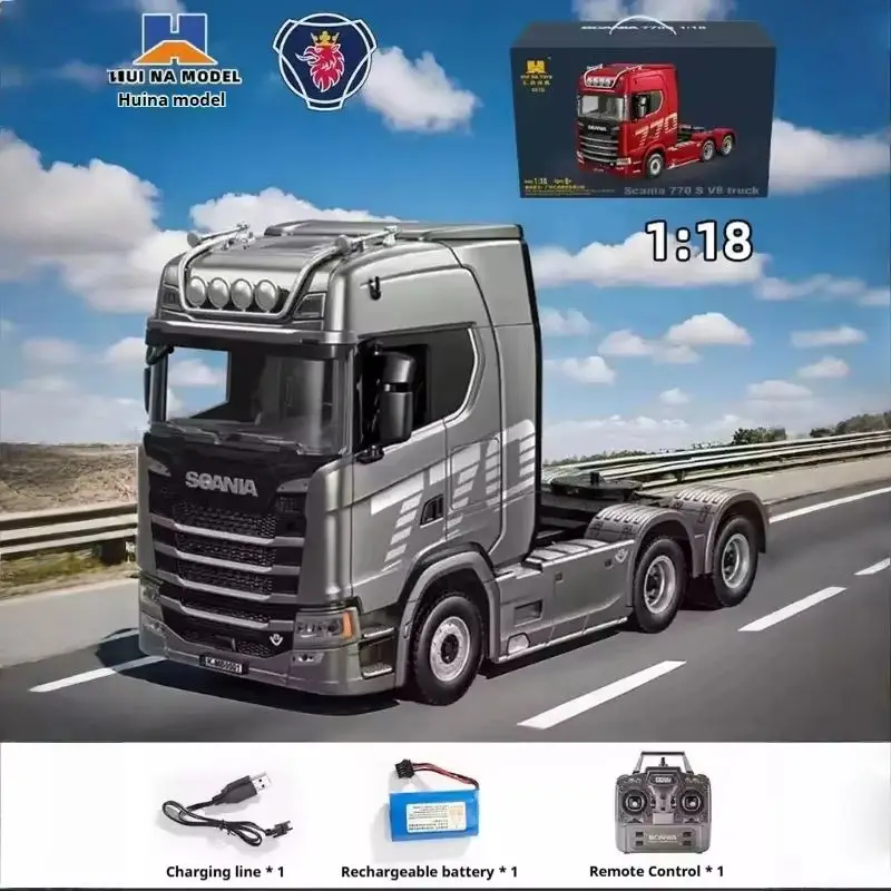 Huina 1/18 مقياس 19ch Rc شاحنة 770s سكانيا سبيكة جرار مع جهاز التحكم عن بعد لعبة مقطورة الهندسة ميزات الضوء والصوت