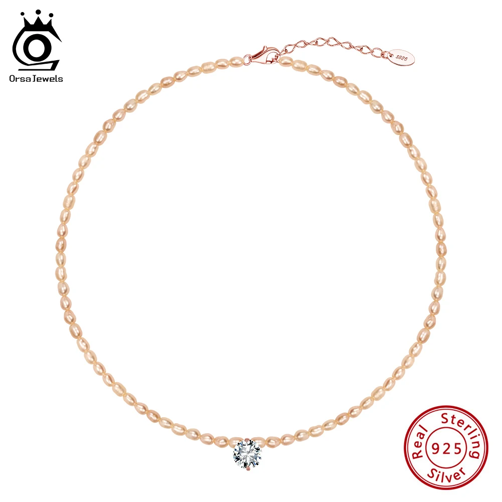 

ORSA JEWELS S925 Silver 3mm Natural Pearl Beads Chic Necklace Zircon Fashion Minimalist Rice Pearls Choker Chain Gift New GPN103