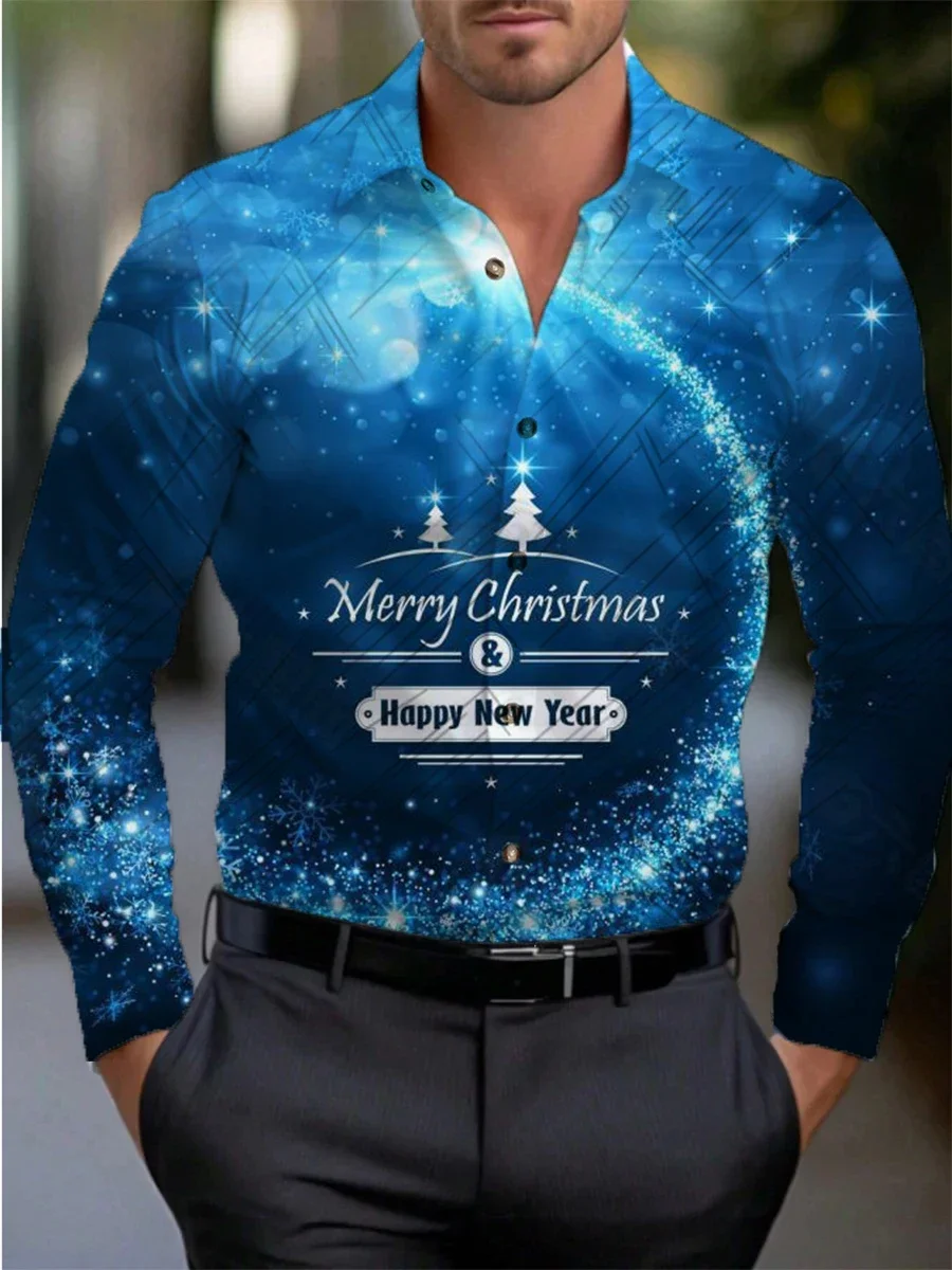 Men's Shirts Fashion Christmas Holiday Lapel Casual Tops Large Size Comfortable Holiday Celebration Loose Long Sleeve Shirts