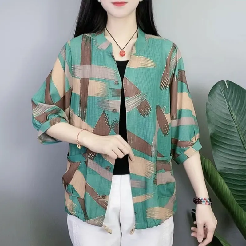 Casual Single-breasted Round Neck Shirt Fashion Hand-Painted Printed Women\'s Clothing Spring Summer Loose Pockets Spliced Blouse