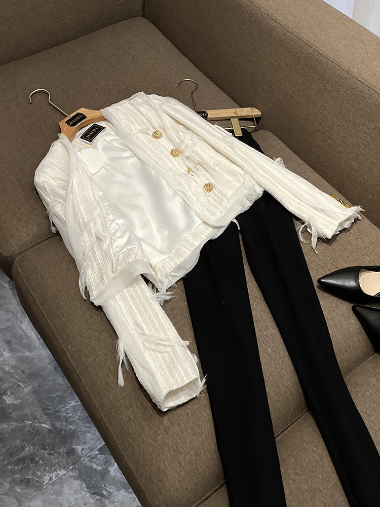 

Korean Drama Inspired Feather Trimmed ort Jaet Wealthy Girl Favorite Design Sensation Commute Sle Long Sve Coat