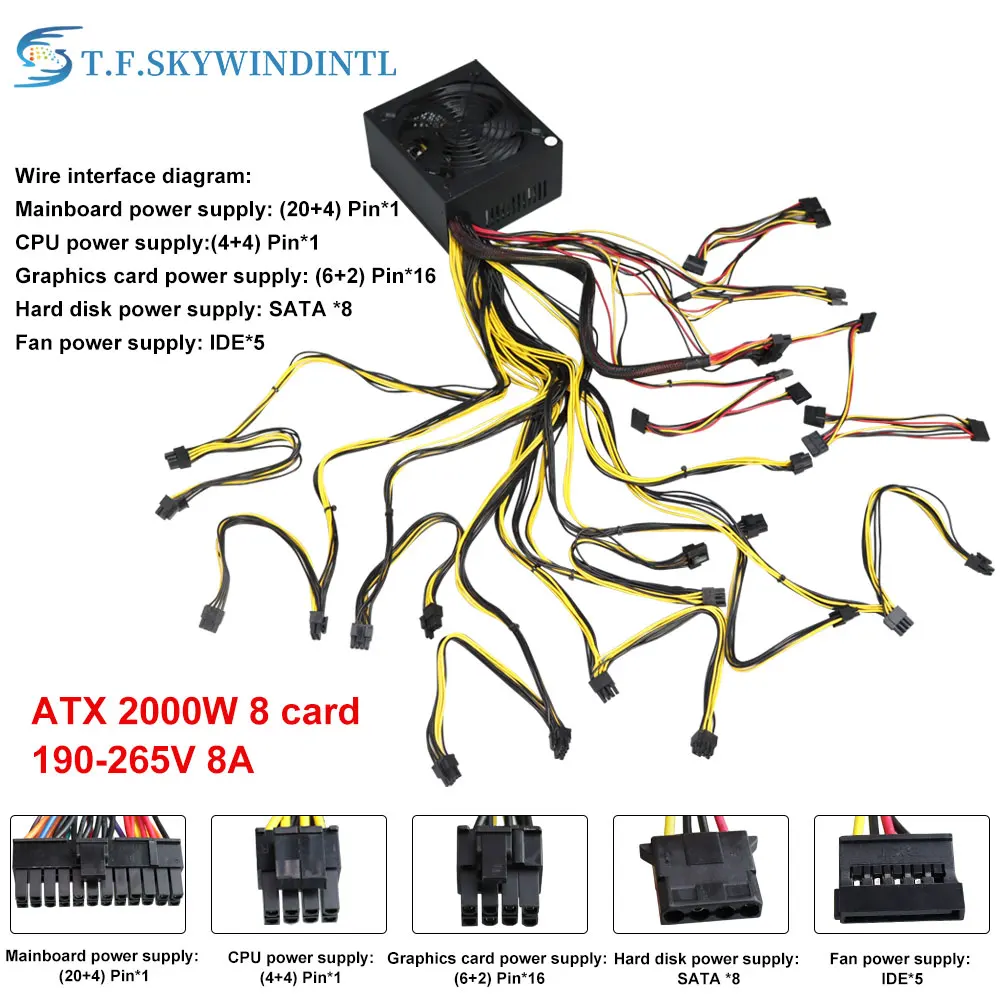 T.F SKYWINDINTL-ATX PSU Mining Power Supply, PC Power Support, 8 Display Cards, GPU 2000, Location pour BTC Bitcoin Miner, 95% W, Nouveau