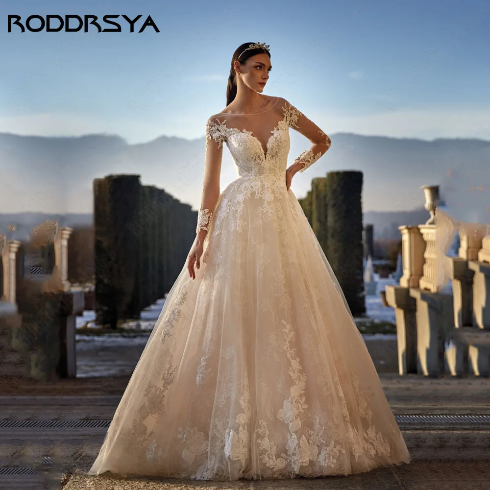 RODRSYA Elegante Renda Vestido de Noiva Para Noiva Manga Longa A Linha IlusãRODDRSYA Elegante Vestido De Noiva Renda Para Nupcial Manga Longa A Linha Ilusão Voltar Scoop Pescoço Applique Robe De Mariée Vestido De Noiva