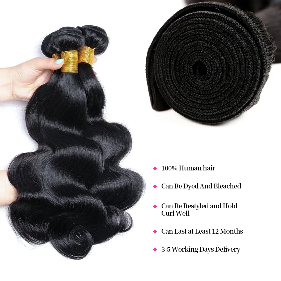 Human Hair Bundles with Closure Big Body Wave 100% Brazilian Virgin Remy Human Hair Bundles with 13×4 Lace Closure Natural Black