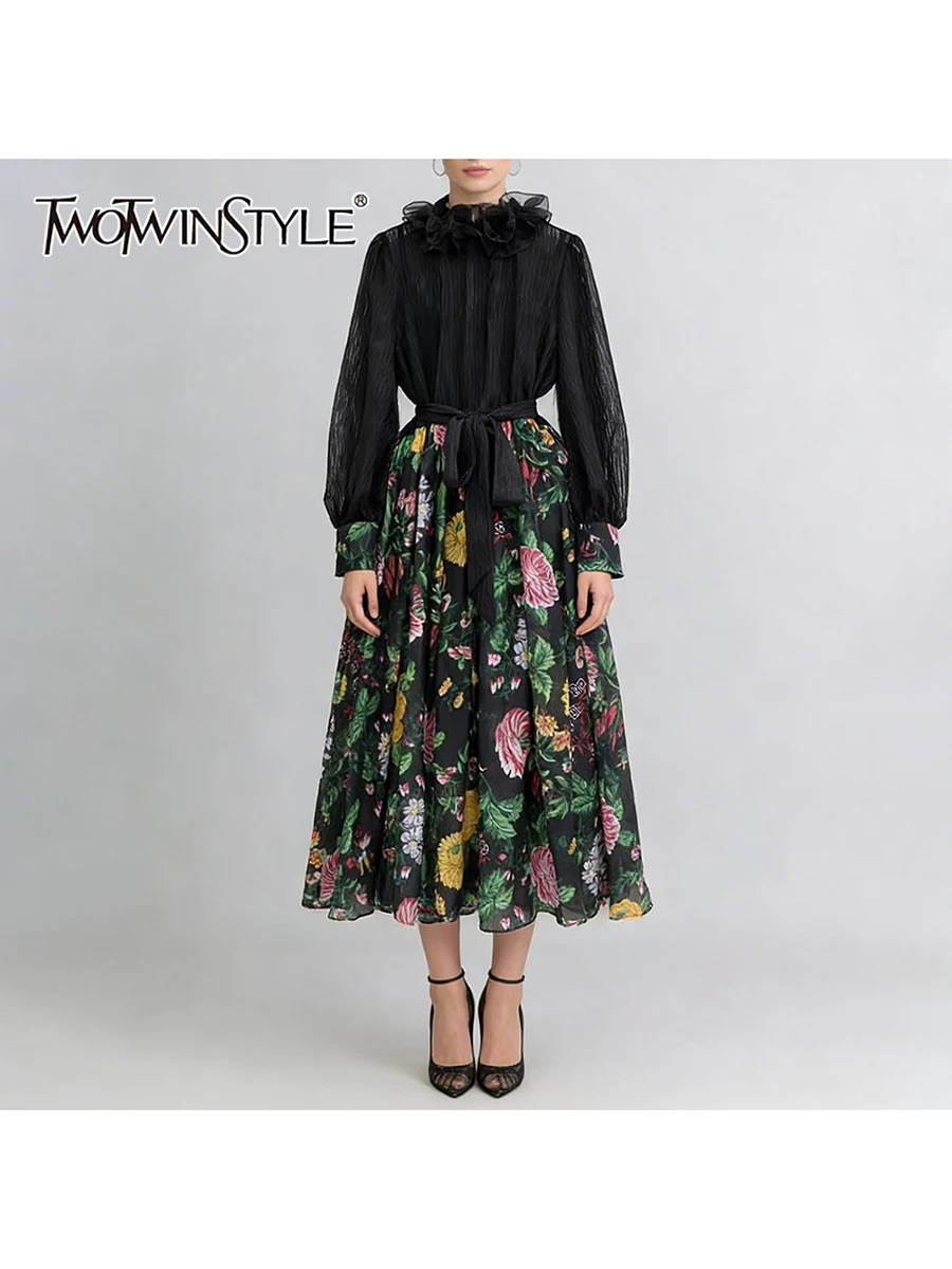 

TWOTWINSTYLE Hit Color Printing Sheer Spliced Lace Up Dress for Women O Neck Long Sleeves Patchwork Fungus Folds Dresses Female