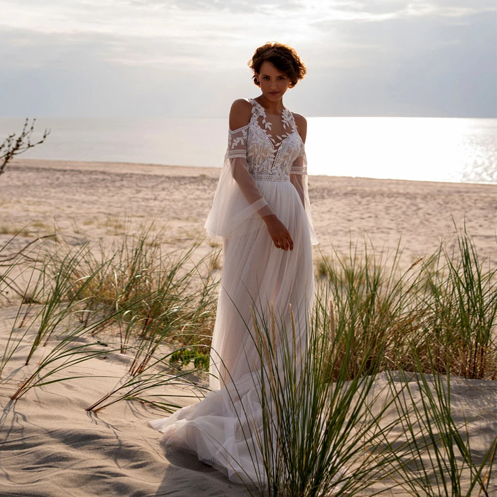 

Champagne Wedding Dresses for Women Simple Bridal Gowns with Soft Tulle Full Sleeve Vestidos De Novia 2025 New Summer