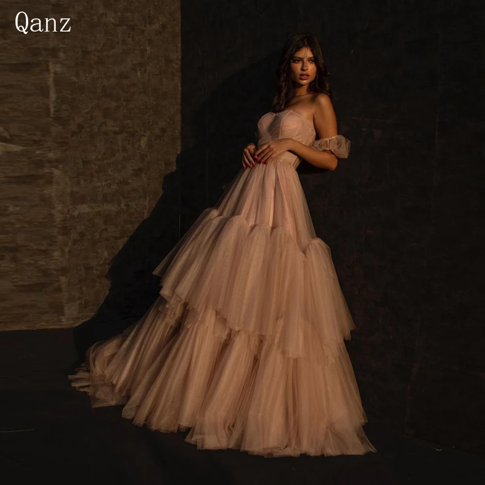 

Qanz A-line Dubai Evening Dresses Short Sleeves Tiered Tulle Prom Dresses Sweetheart Long Formal Party Dresses Vestidos De Noche