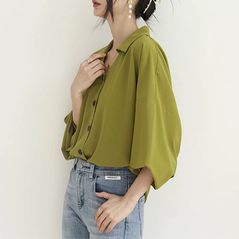 Satin Elegant Simple Street Green V Neck Long Sleeve Office Lady Commute Shirts Korean Fashion Casual Loose Tops Blouses Women