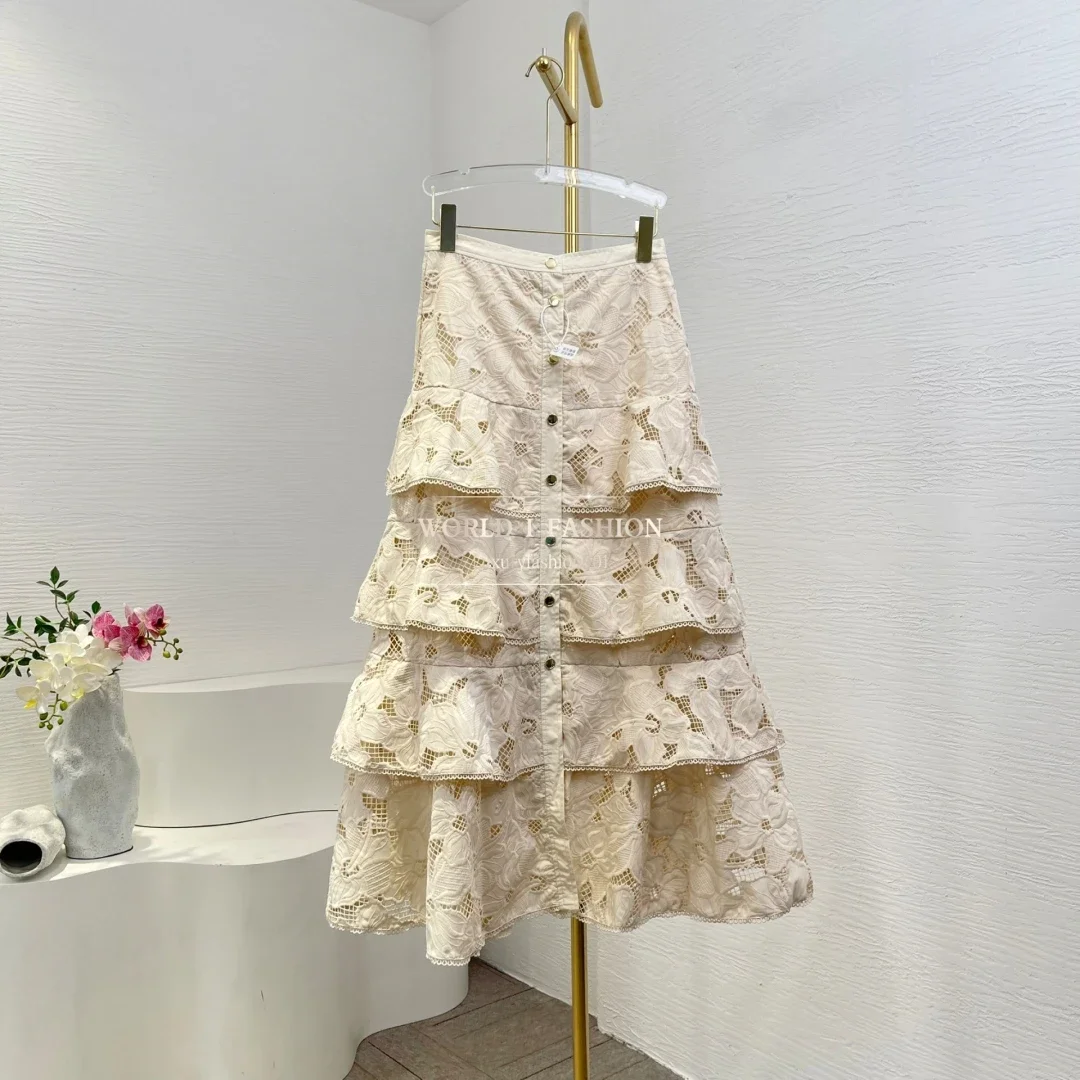 

2025 Woman's Fashion White Sleeveless Lace Patchwork Embroidery Ruffles Frilled Blouse Tops and Skirt Two Piece Set