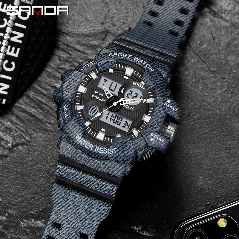 SANDA-Reloj deportivo para hombre y mujer, cronógrafo con pantalla Dual LED HD, alarma, resistente al agua, 2023