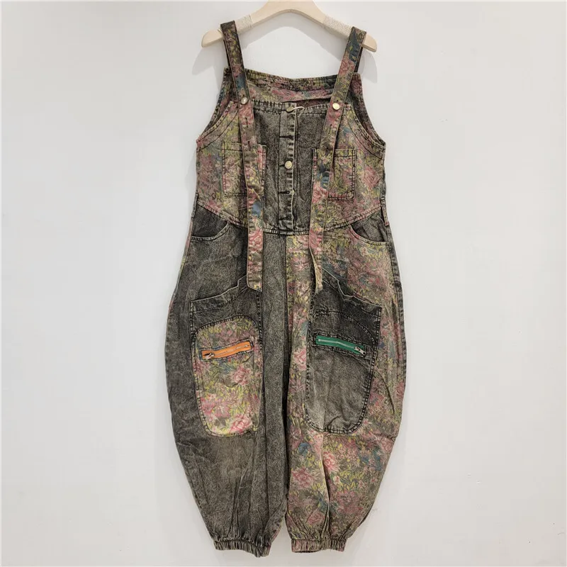 WTHTวินเทจแฟชั่นผู้หญิงSplicedพิมพ์DENIM Jumpsuitsใหม่เอวสูงแขนกุดหญิง 2025 ฤดูร้อน 1LS1472