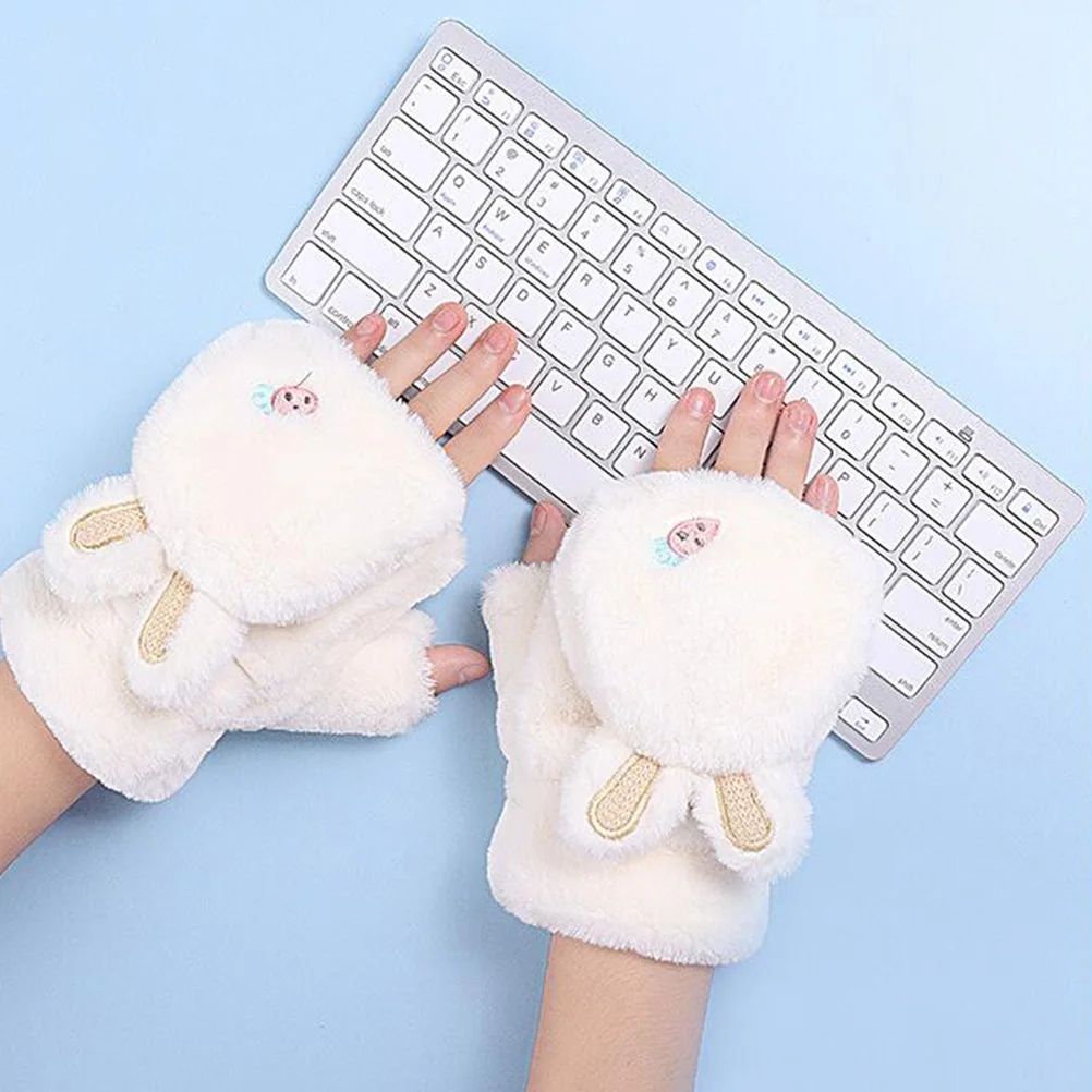 1Pair Fingerless Winter Gloves Polyester Hand Protectors Warm Lining Cartoon Rabbit Ear Design Comfortable Windproof Gloves