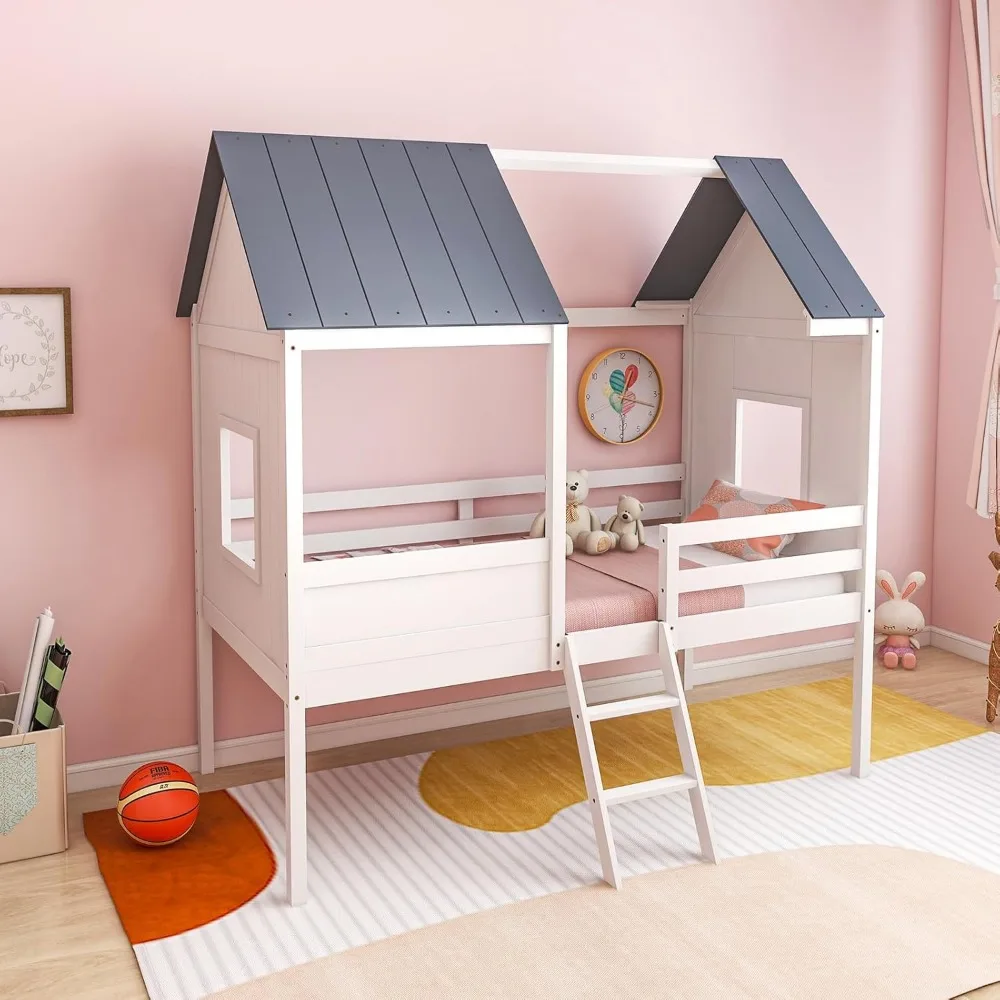 Estrutura de cama de casa dupla, estrutura de cama loft baixa infantil com telhado, janelas laterais e escada, cama de casinha de apoio de ripas de madeira, branco