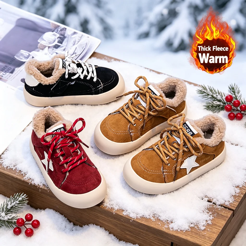 Toddler Kids Fleece Lined Star Skate Shoes, Warm Thick Plush Lace Up Non Slip Sneakers for Winter Daily Walking