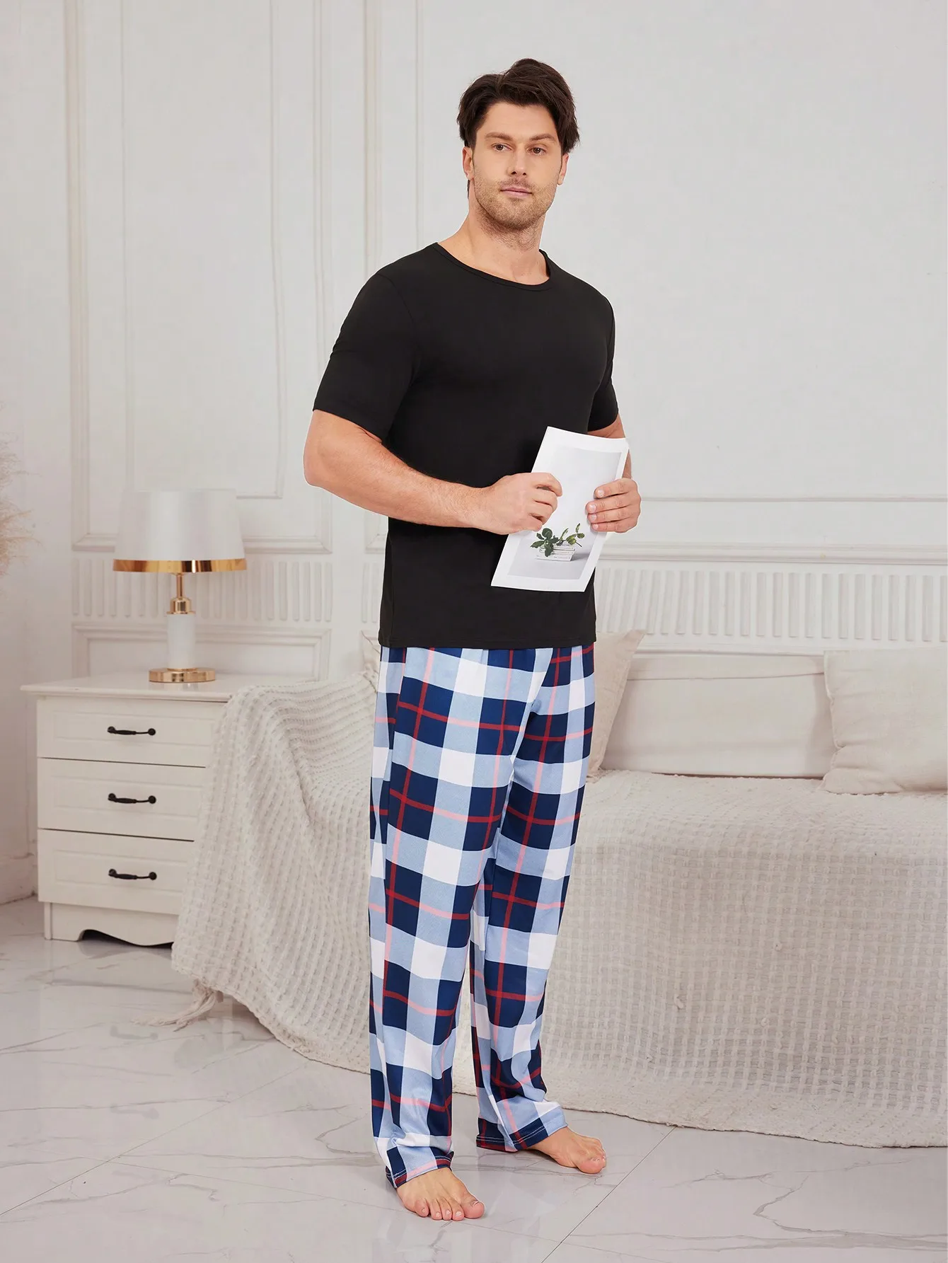 

Fall/Winter Men's Sleepwear Short-Sleeve Long Pants with Check Print Casual Loose-Fitting Straight Leg Homewear